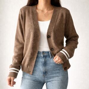 Dazy Brown Knit Cardigan Sweater Striped Cuffs Button Front Size M